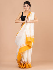 Off White & Yellow pure cotton woven design taant saree