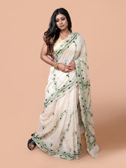 Laa Calcutta White & Green Chanderi silk hand woven embroidered kantha stitch saree for women