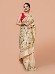 Laa Calcutta Beige & Green silk blend embroidered kantha work saree for women