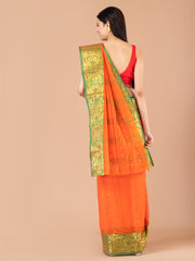 Orange & Green pure cotton woven design taant saree
