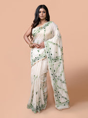 Laa Calcutta White & Green Chanderi silk hand woven embroidered kantha stitch saree for women