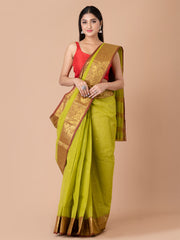 Green & Maroon pure cotton woven design taant saree