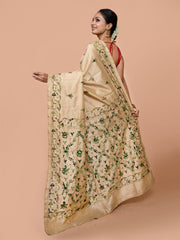 Laa Calcutta Beige & Green silk blend embroidered kantha work saree for women