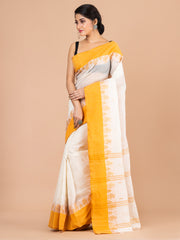 Off White & Yellow pure cotton woven design taant saree