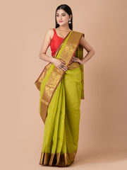 Green & Maroon pure cotton woven design taant saree