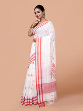 Laa Calcutta White & Red pure cotton hand woven floral border handloom saree