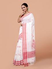 Laa Calcutta White & Red pure cotton hand woven floral border handloom saree