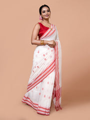 Laa Calcutta White & Red pure cotton hand woven floral border handloom saree