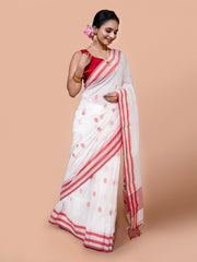 Laa Calcutta White & Red pure cotton hand woven floral border handloom saree