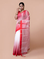 Laa Calcutta White & Red cotton silk woven temple design handloom saree for women