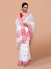 Laa Calcutta White & Red pure cotton hand woven floral border handloom saree