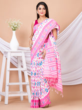 White & Pink Pure cotton printed Handloom Saree