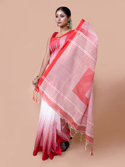 Laa Calcutta White & Red cotton silk woven temple design handloom saree for women