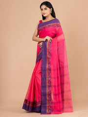 Pink & Blue pure cotton woven design taant saree