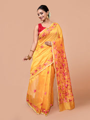 Laa Calcutta Mustard & Pink silk blend embroidered kantha work saree for women