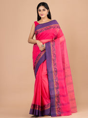Pink & Blue pure cotton woven design taant saree