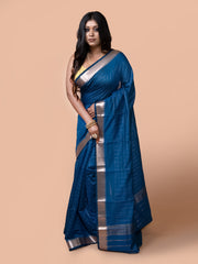 Laa Calcutta Maroon silk blend checked golden zari par handloom saree for women