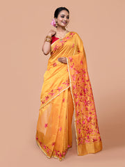 Laa Calcutta Mustard & Pink silk blend embroidered kantha work saree for women