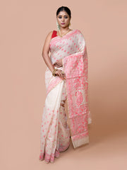 Laa Calcutta Off White & Pink Chanderi silk printed pattterns hand woven embroidered kantha stitch saree for women