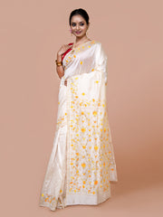 Laa Calcutta Off White & Yellow silk blend embroidered kantha work saree for women