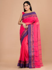 Pink & Blue pure cotton woven design taant saree