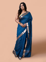 Laa Calcutta Maroon silk blend checked golden zari par handloom saree for women