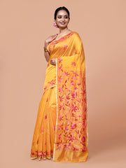 Laa Calcutta Mustard & Pink silk blend embroidered kantha work saree for women
