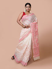 Laa Calcutta Off White & Pink Chanderi silk printed pattterns hand woven embroidered kantha stitch saree for women