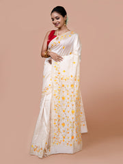 Laa Calcutta Off White & Yellow silk blend embroidered kantha work saree for women
