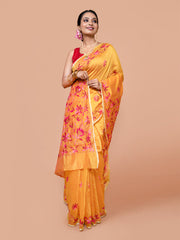 Laa Calcutta Mustard & Pink silk blend embroidered kantha work saree for women