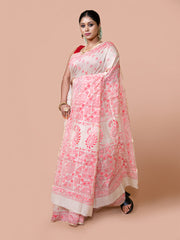 Laa Calcutta Off White & Pink Chanderi silk printed pattterns hand woven embroidered kantha stitch saree for women