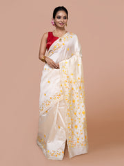 Laa Calcutta Off White & Yellow silk blend embroidered kantha work saree for women