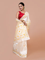 Laa Calcutta Off White & Yellow silk blend embroidered kantha work saree for women