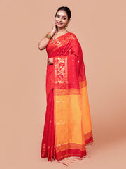 Laa Calcutta Red & Yellow zari design silk cotton saree for women