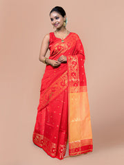Laa Calcutta Red & Yellow zari design silk cotton saree for women