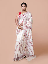 Laa Calcutta Off White & Maroon Chanderi silk printed pattterns hand woven embroidered kantha stitch saree for women