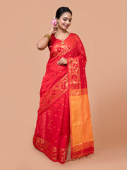 Laa Calcutta Red & Yellow zari design silk cotton saree for women