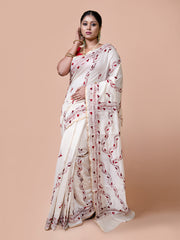 Laa Calcutta Off White & Maroon Chanderi silk printed pattterns hand woven embroidered kantha stitch saree for women