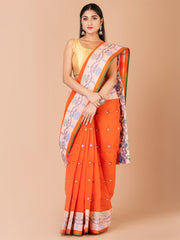 Orange & Multi pure cotton taant saree
