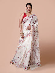 Laa Calcutta Off White & Maroon Chanderi silk printed pattterns hand woven embroidered kantha stitch saree for women