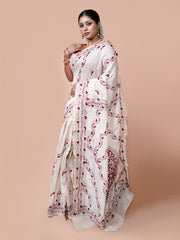 Laa Calcutta Off White & Maroon Chanderi silk printed pattterns hand woven embroidered kantha stitch saree for women