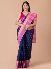 Navy Blue & Pink pure cotton taant saree