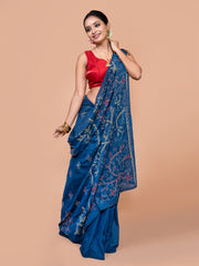 Laa Calcutta Navy Blue & Multi Pure cotton hand stitch handloom saree for women