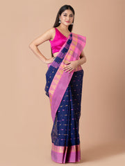 Navy Blue & Pink pure cotton taant saree