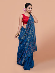 Laa Calcutta Navy Blue & Multi Pure cotton hand stitch handloom saree for women