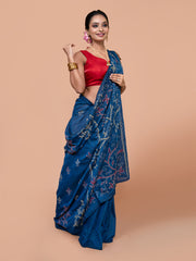 Laa Calcutta Navy Blue & Multi Pure cotton hand stitch handloom saree for women