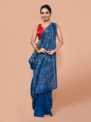 Laa Calcutta Navy Blue & Multi Pure cotton hand stitch handloom saree for women