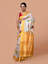 Laa Calcutta White & Pink cotton blend handloom saree for women