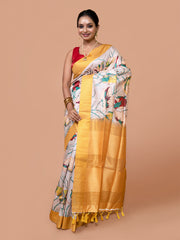 Laa Calcutta White & Pink cotton blend handloom saree for women