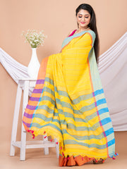 Yellow & Multi striped pure cotton handloom saree